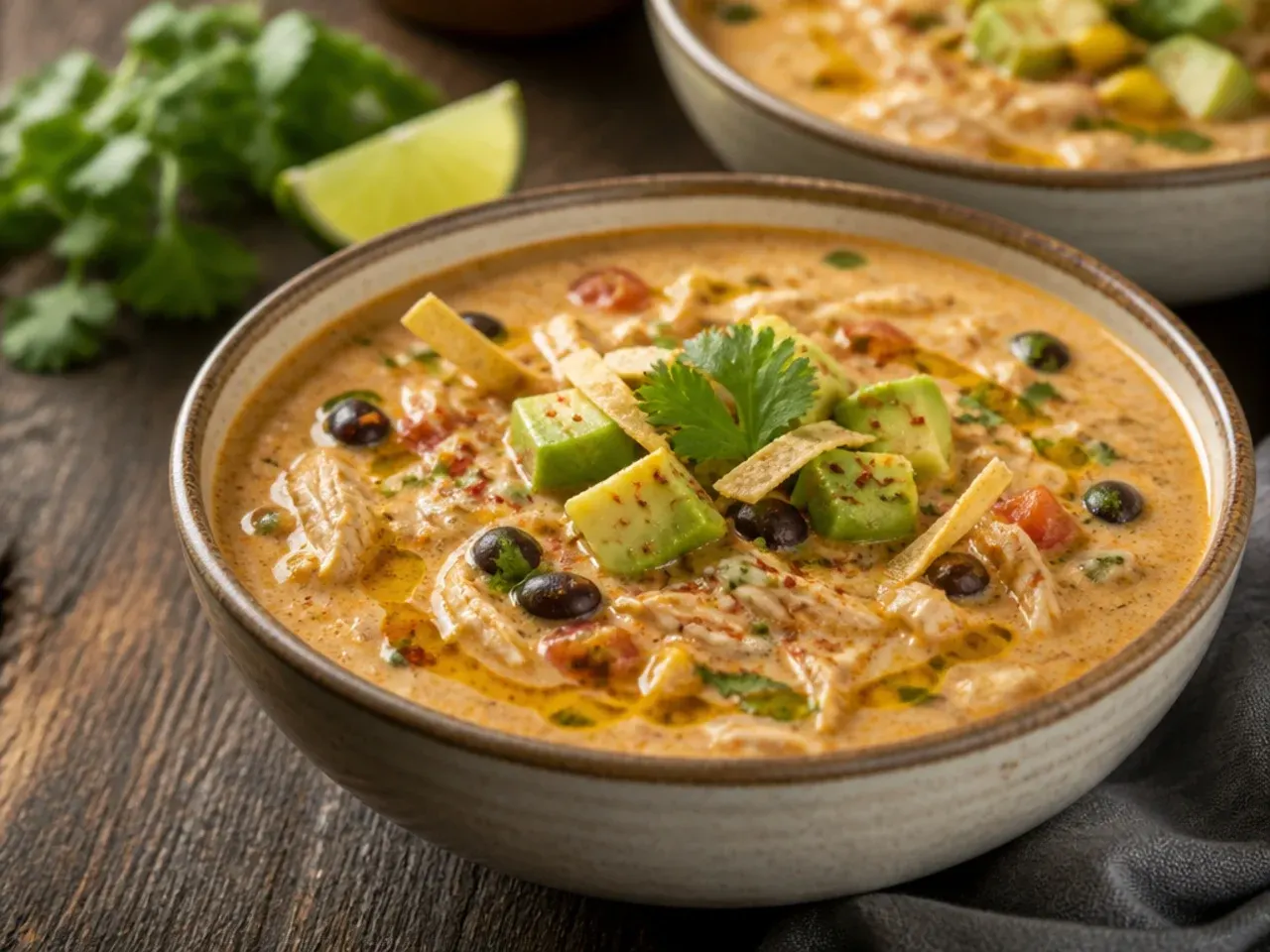 Shredded rotisserie chicken being added to creamy tortilla soup