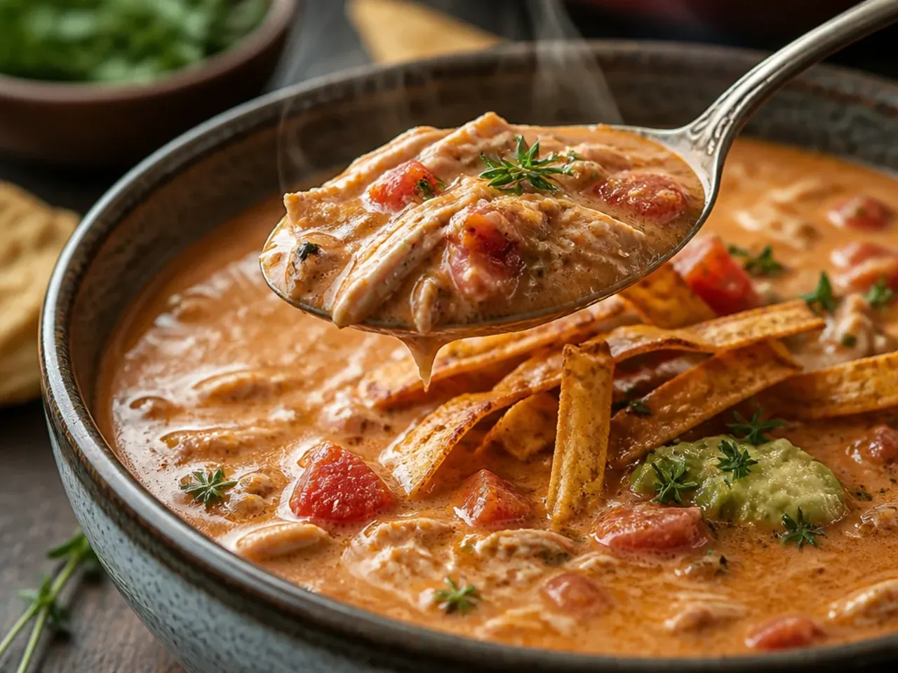 Rustic creamy chicken tortilla soup with visible fire-roasted tomato pieces