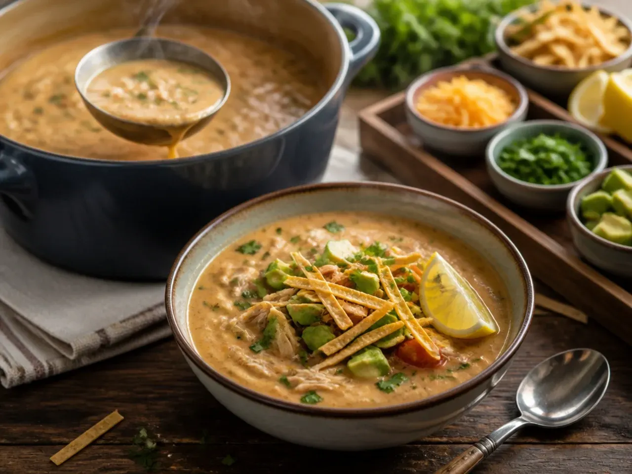 Loaded creamy chicken tortilla soup topping bar with avocado and tortilla strips