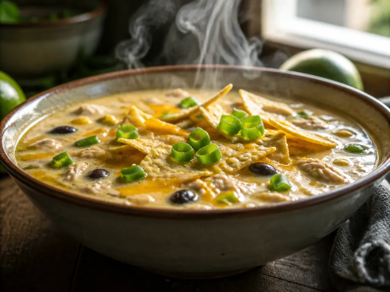Large pot of family-size creamy chicken tortilla soup for a crowd
