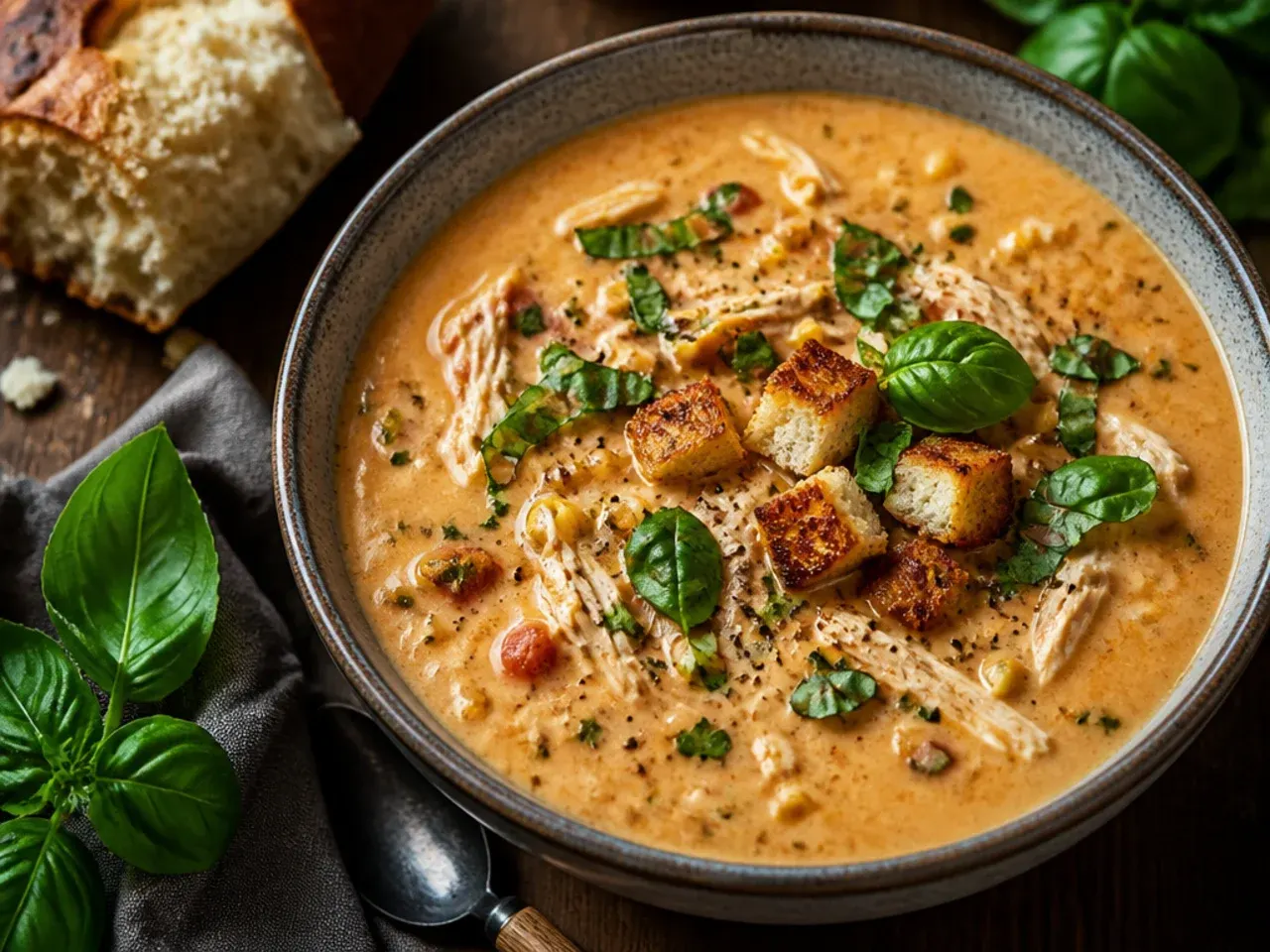Best-ever restaurant-style creamy chicken tortilla soup fully garnished