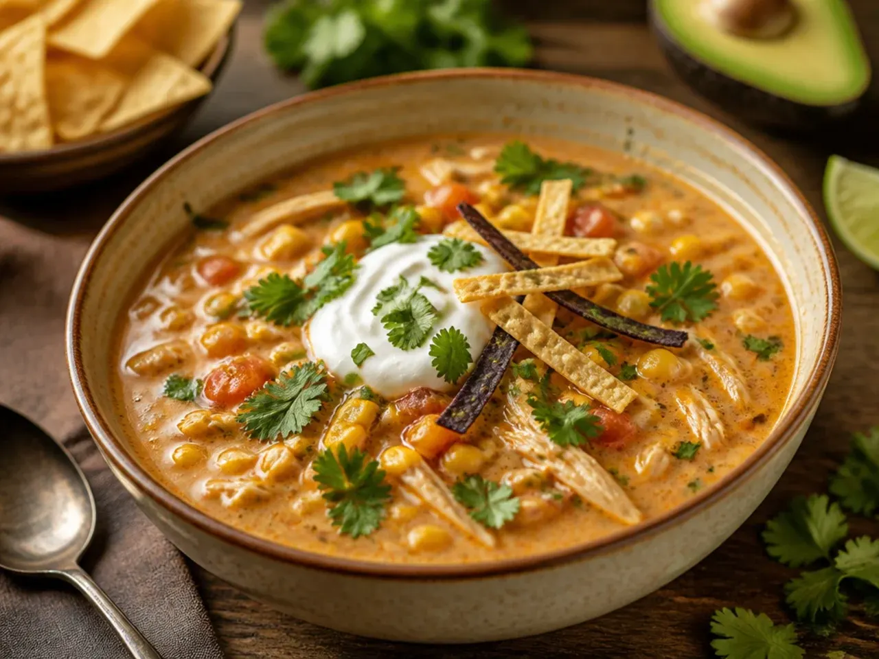 Dutch oven filled with one-pot creamy chicken tortilla soup