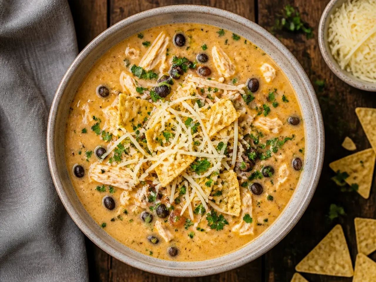 Slow cooker filled with creamy chicken tortilla soup ingredients