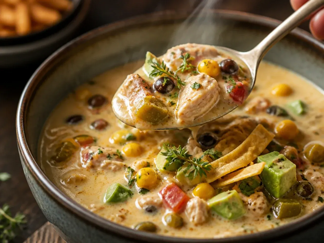 Cozy creamy chicken tortilla soup with roasted poblano peppers