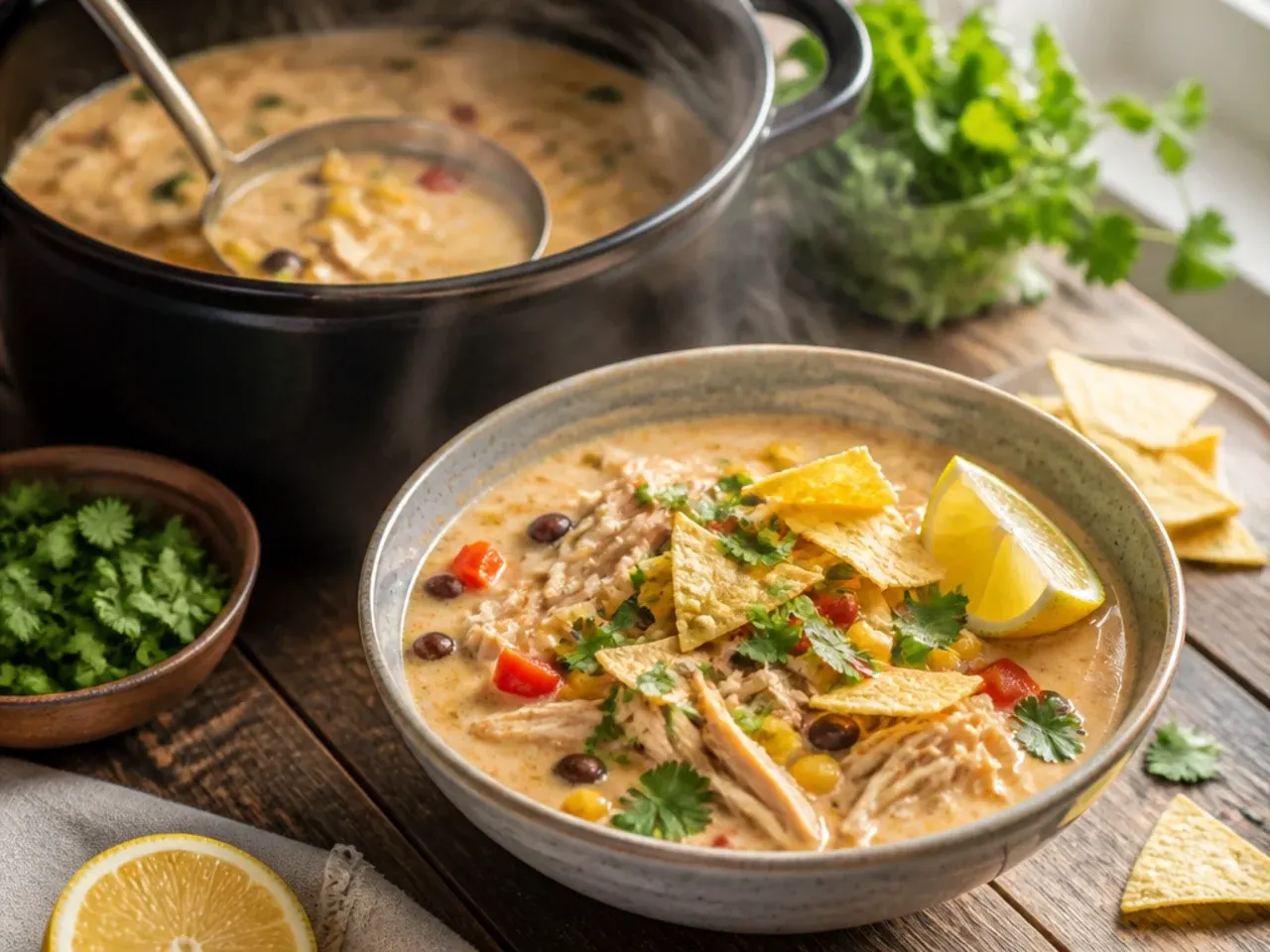 Bowl of lighter creamy chicken tortilla soup made with Greek yoghurt