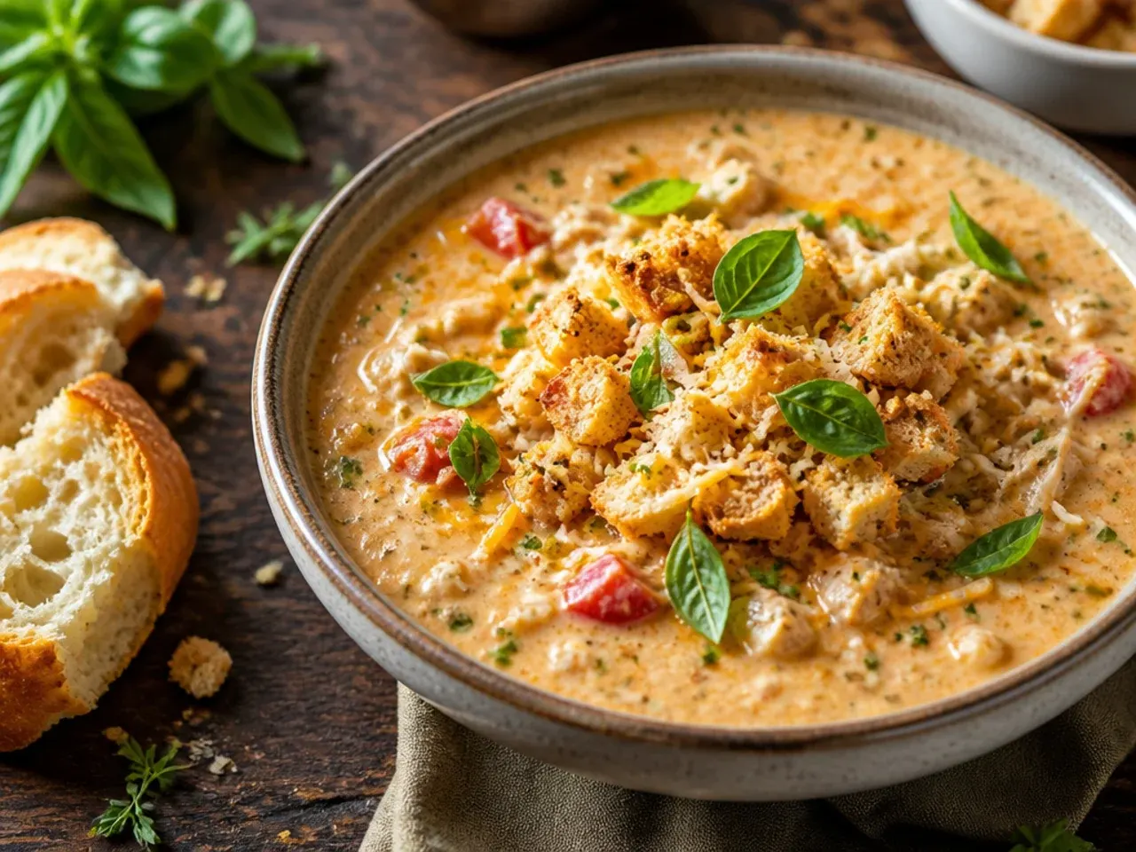 Cheesy queso-style creamy chicken tortilla soup with a thick orange broth