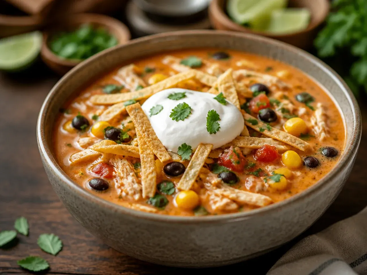 Comforting creamy chicken tortilla soup with charred smoky corn