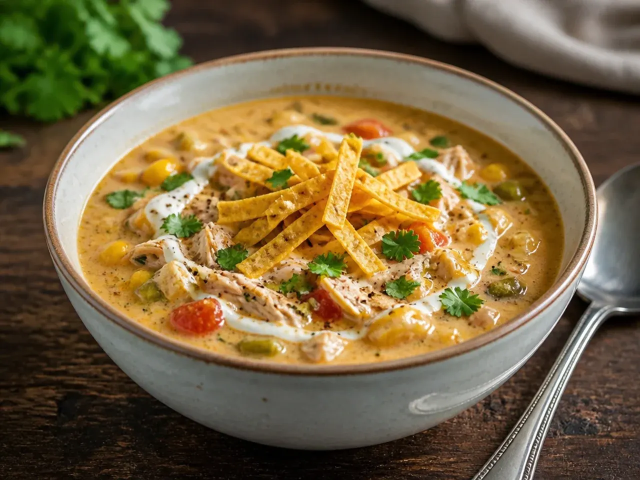 Budget-friendly creamy chicken tortilla soup made with frozen vegetables
