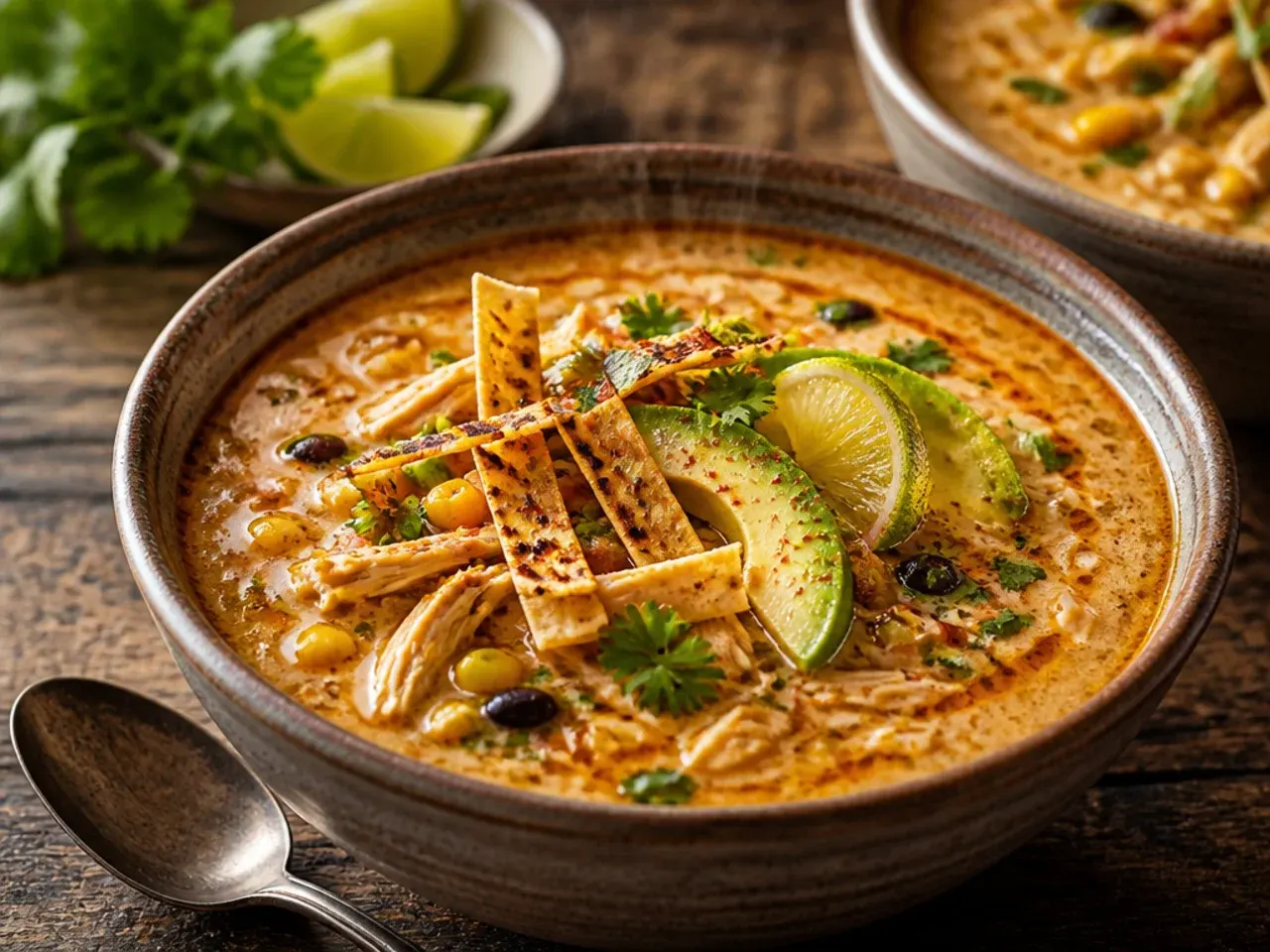 Rustic creamy chicken tortilla soup with charred corn on the cob kernels