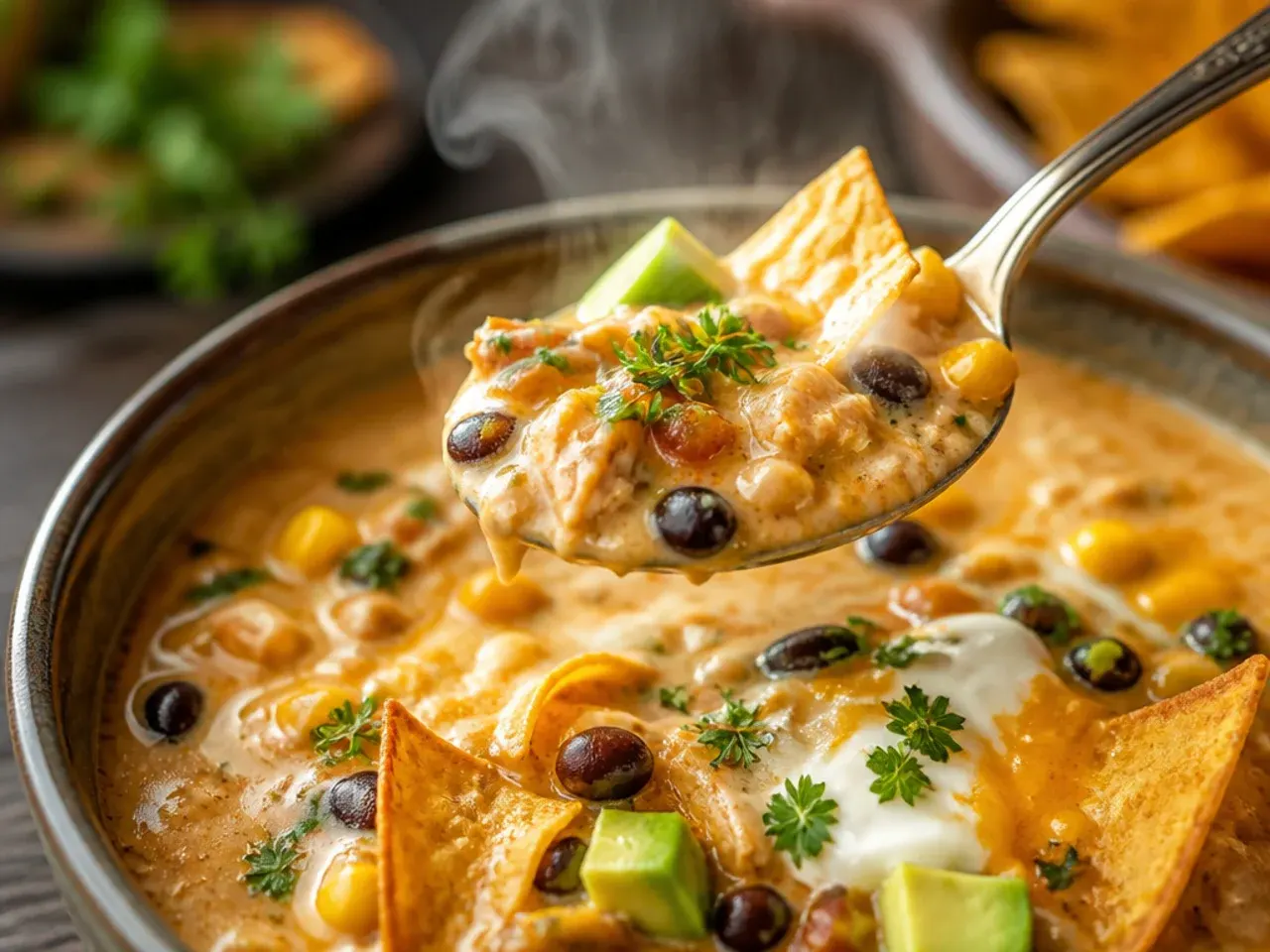 Loaded nacho-style creamy chicken tortilla soup with crushed tortilla chips