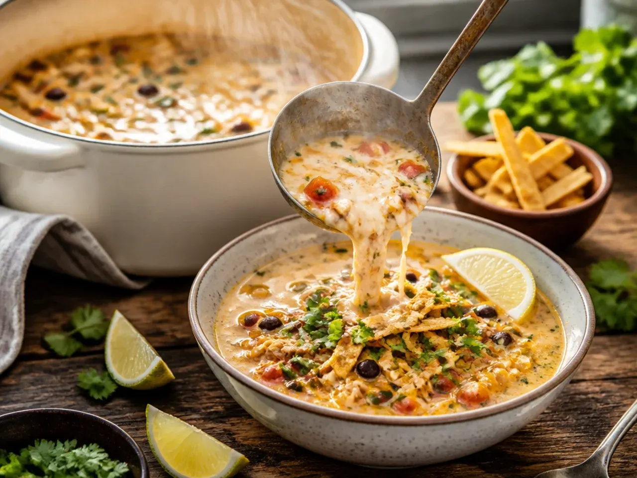 Family-friendly mild creamy chicken tortilla soup in a kid-sized bowl