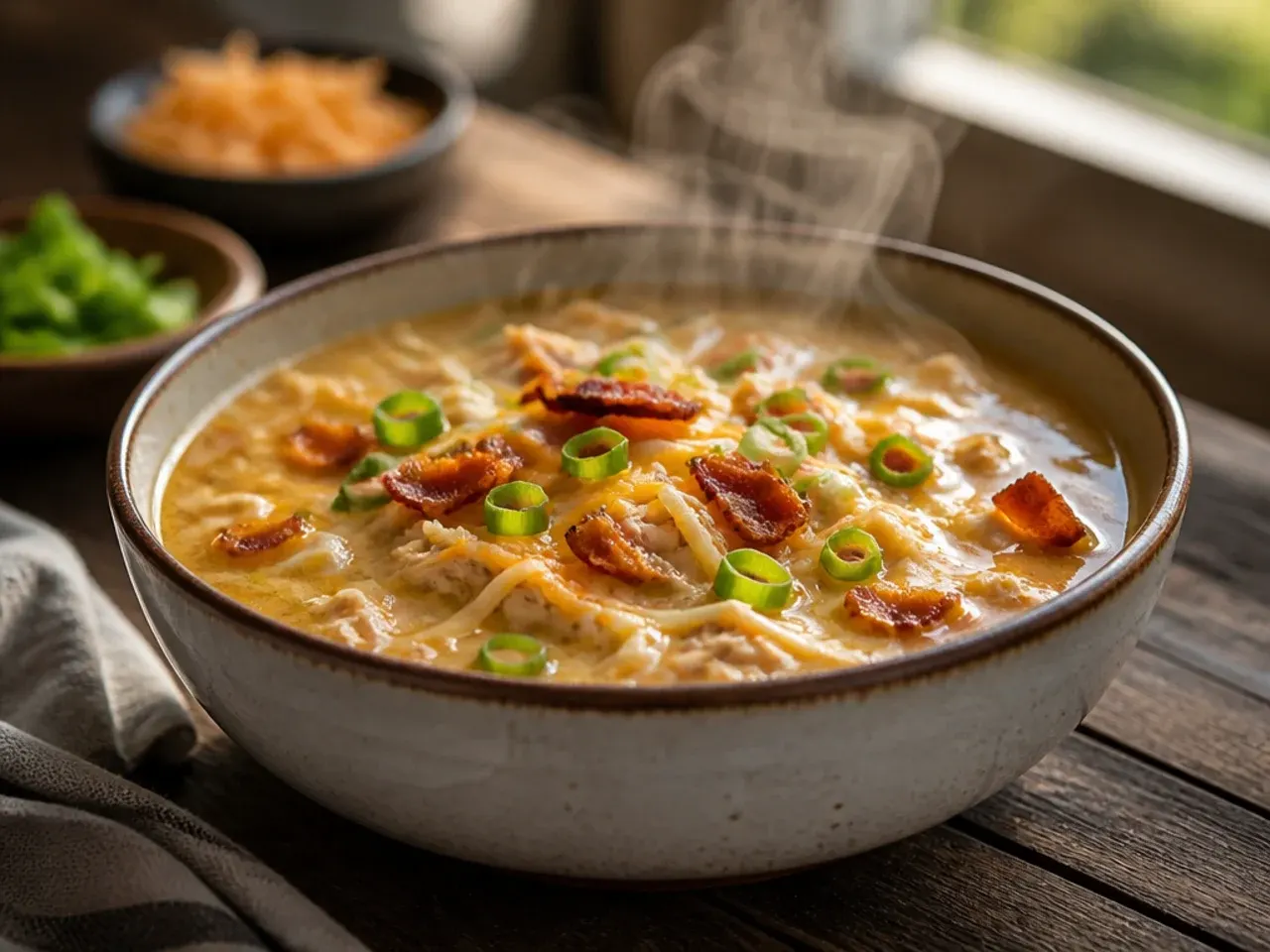 Creamy chicken tortilla soup topped with crispy bacon and double cheese