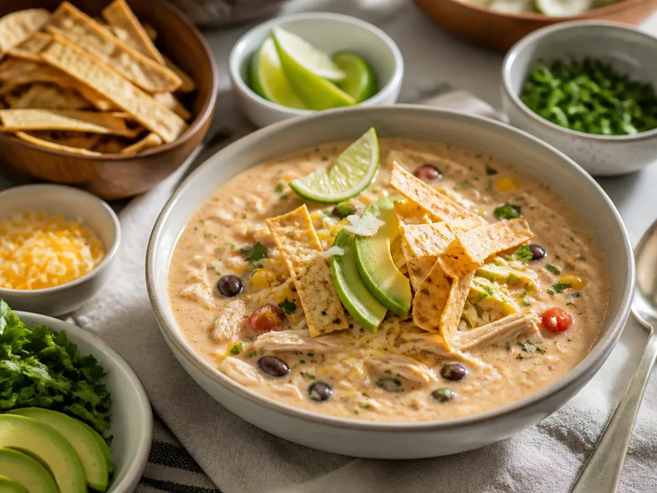 Table set with creamy chicken tortilla soup, cornbread, and toppings