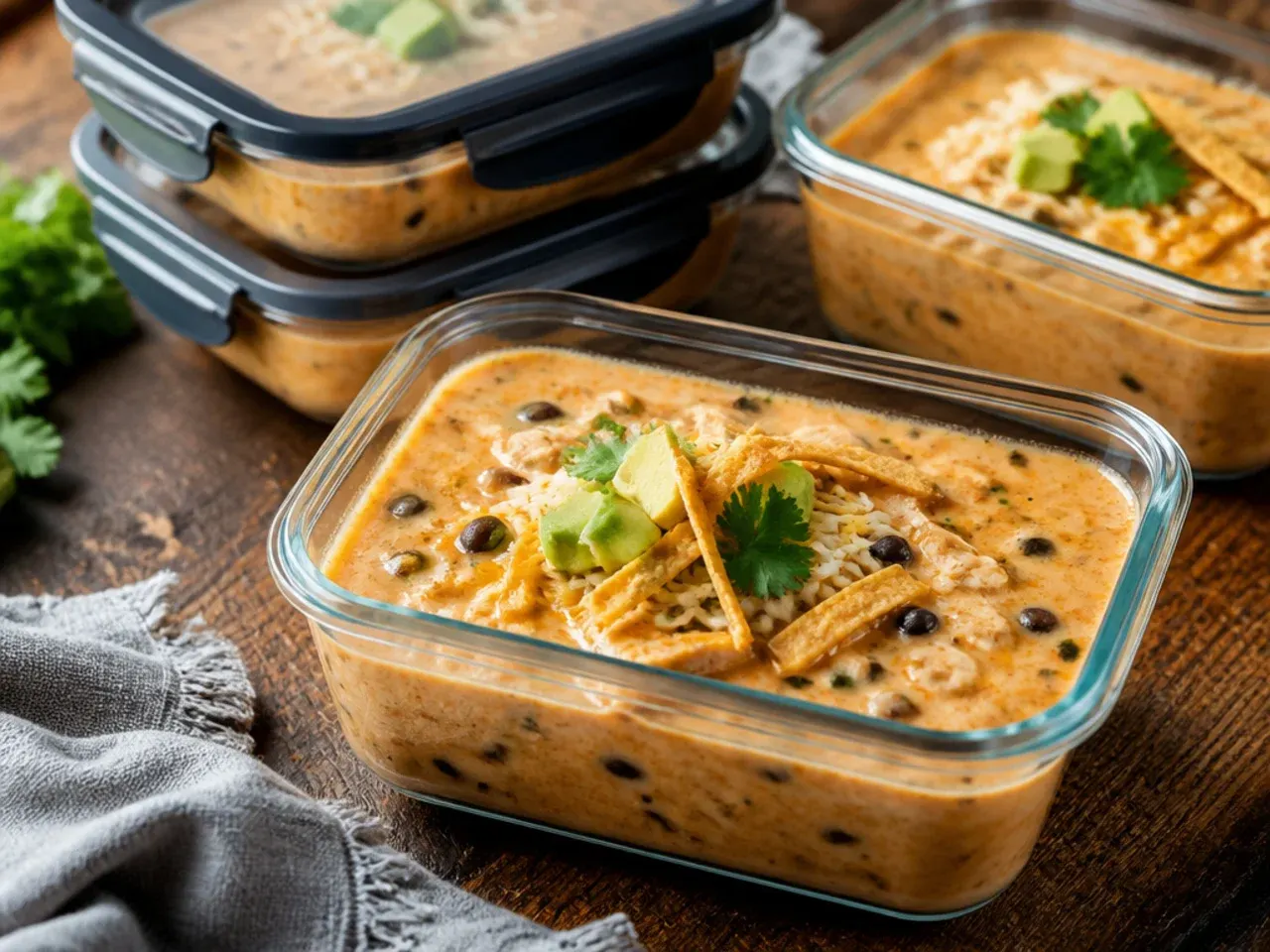 Container of leftover creamy chicken tortilla soup being reheated on the stove