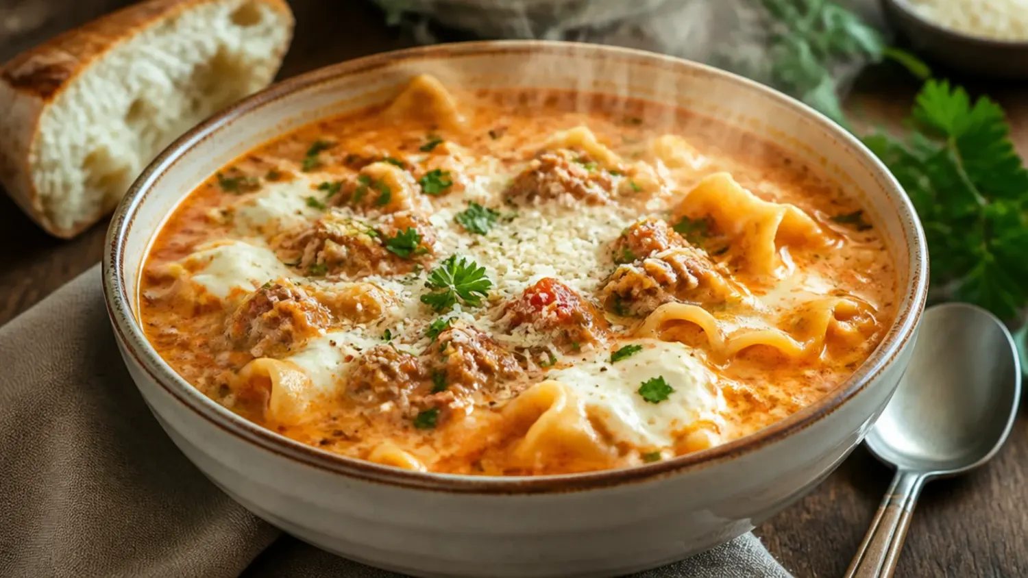 Overhead shot of a bowl of creamy lasagna soup with melted mozzarella, a swirl of cream, and fresh basil, broken lasagna noodles visible in the broth.