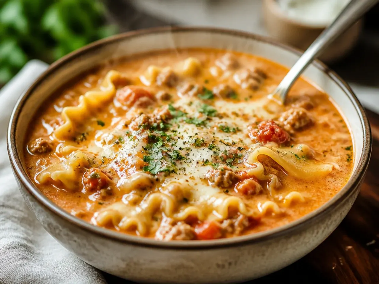Bowl of creamy lasagna soup topped with melted mozzarella and fresh basil