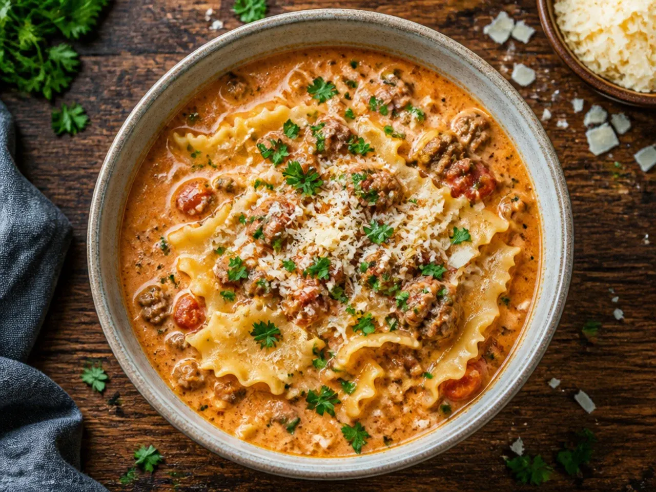 Pot of classic creamy lasagna soup with ground beef, sausage, and broken noodles in a rich tomato broth