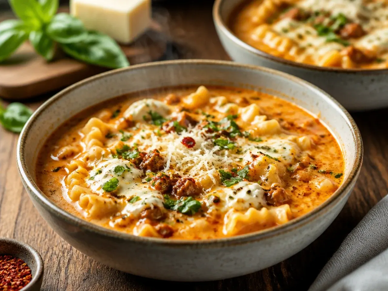 Quick 30-minute creamy lasagna soup in a pot, ready to serve