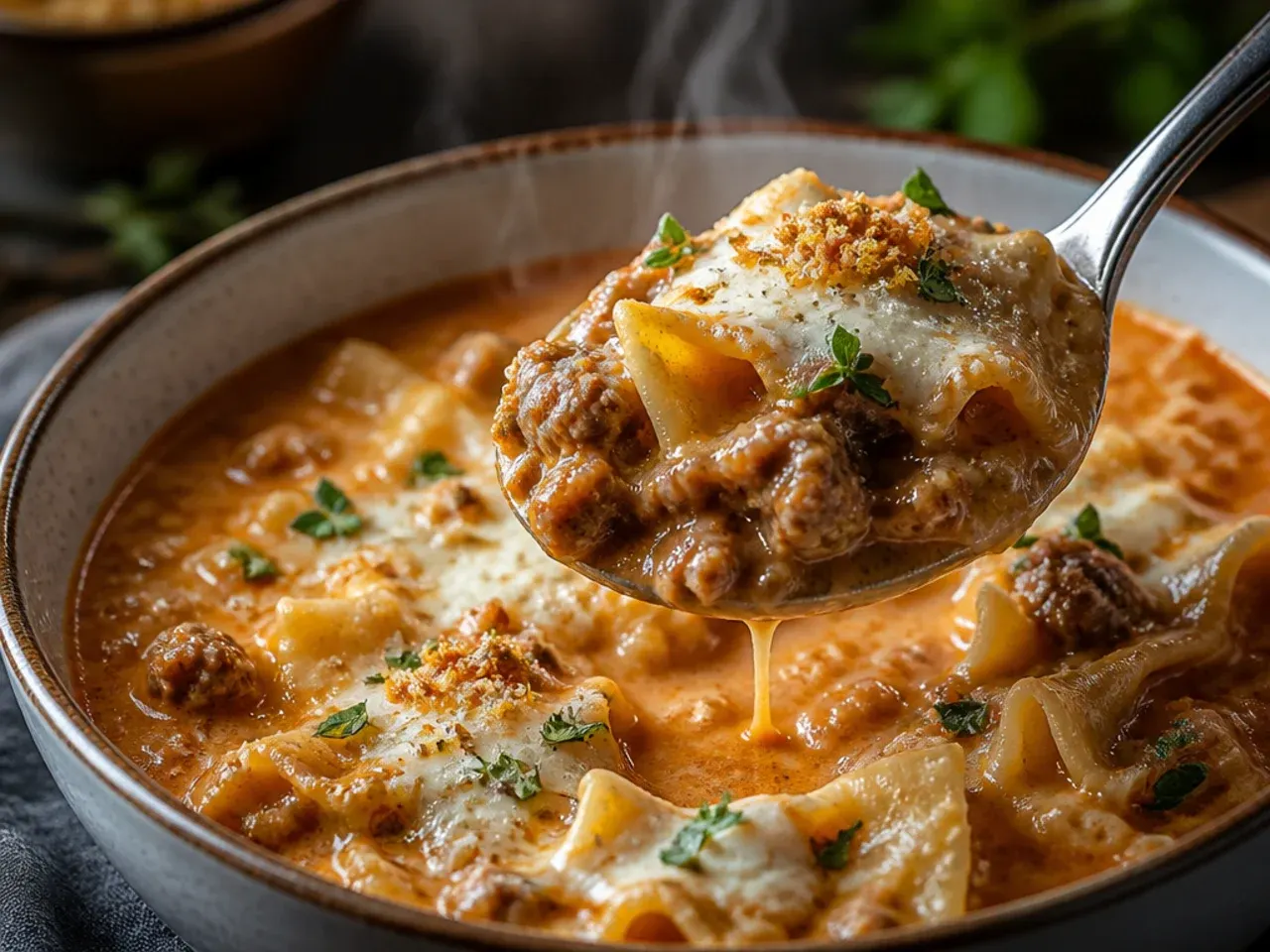 Creamy lasagna soup loaded with meatballs and broken noodles in a deep bowl