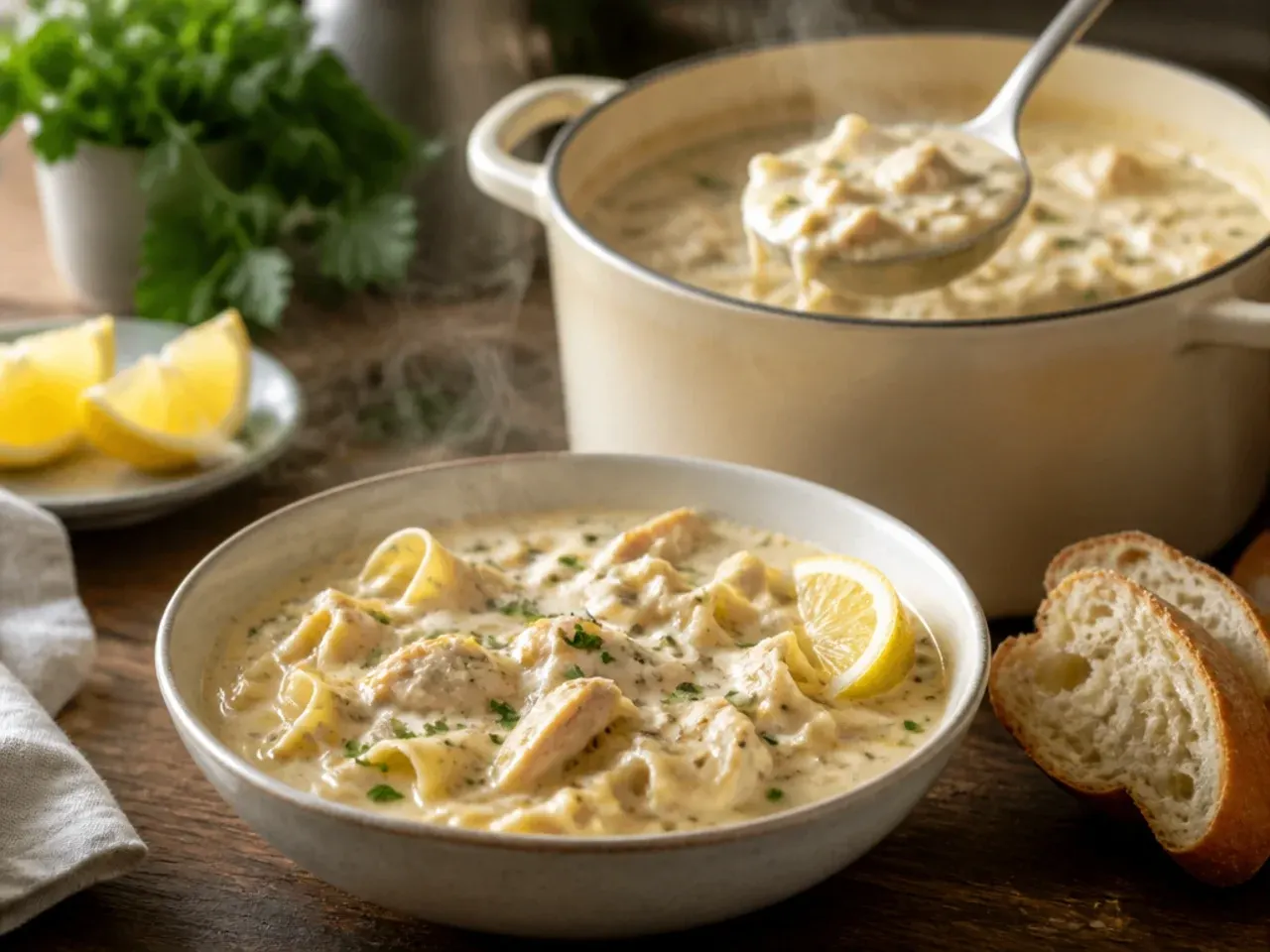 Bowl of creamy white chicken lasagna soup with wilted spinach and melted cheese