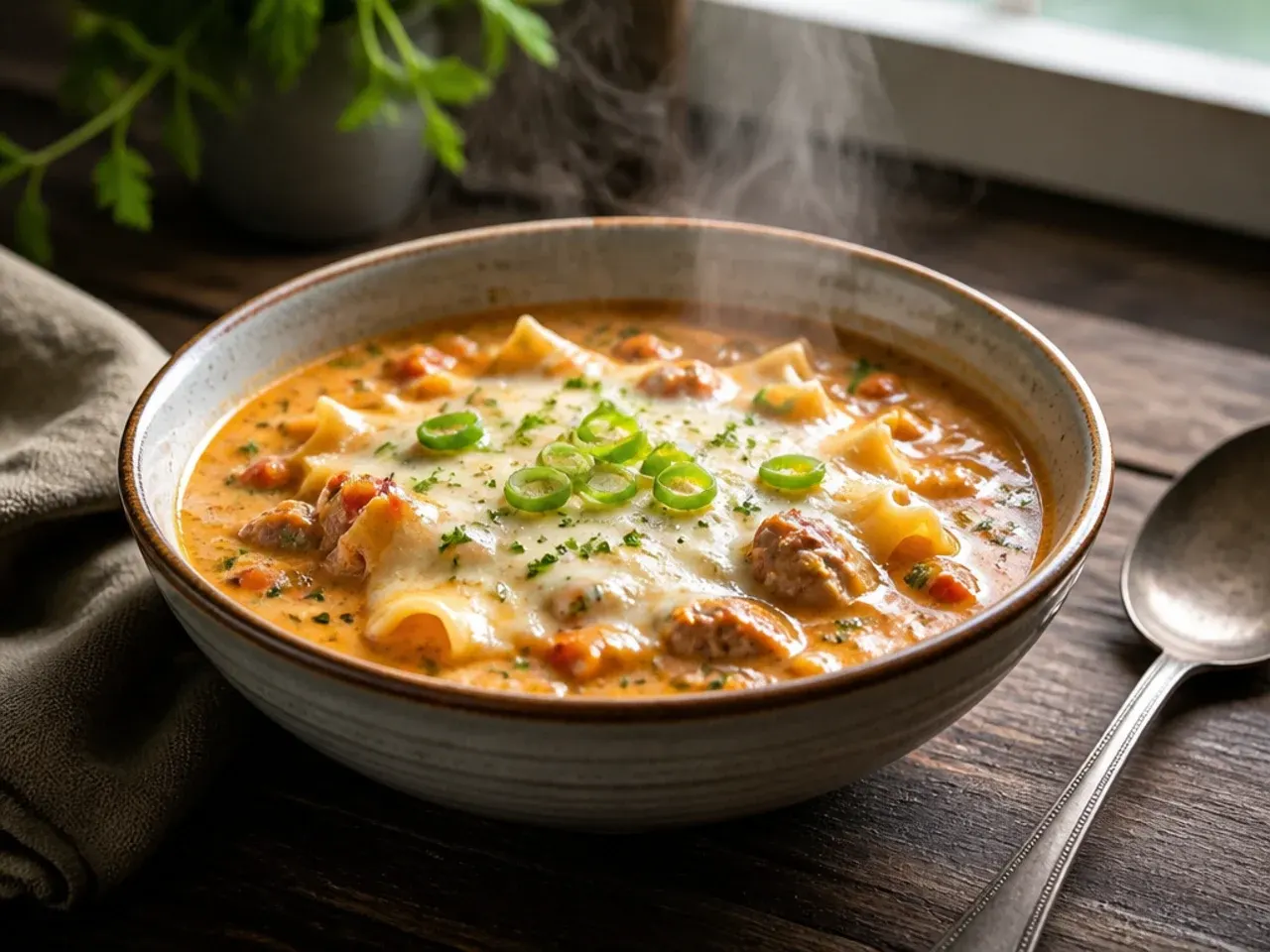 Extra-creamy three-cheese lasagna soup with a thick, glossy broth