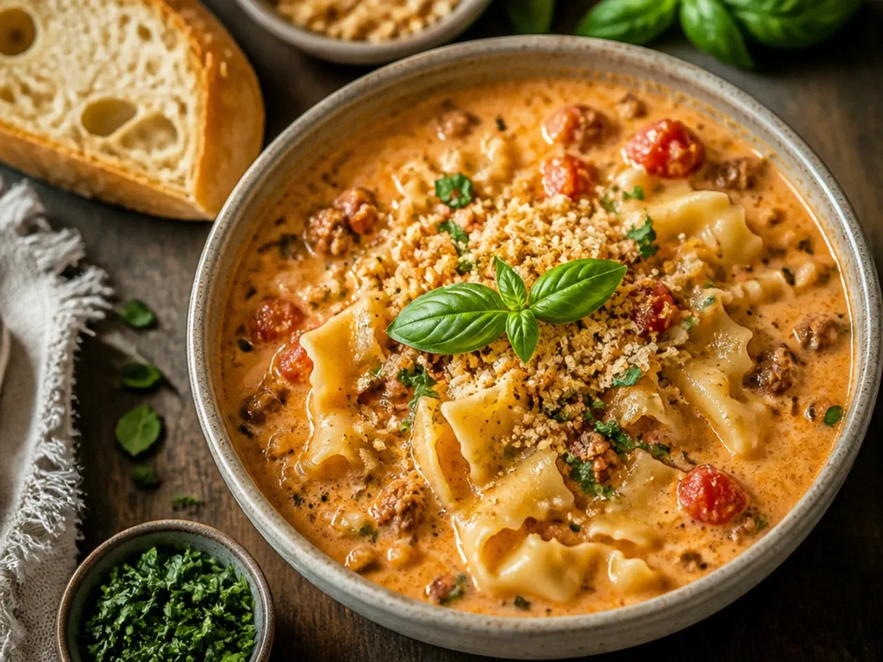 Simple five-ingredient creamy lasagna soup in a white bowl