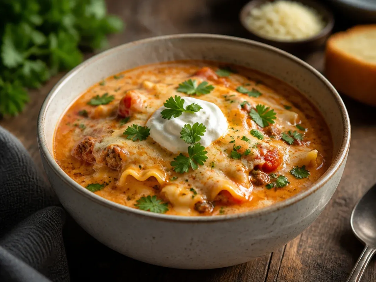 Cheesy baked-top creamy lasagna soup with bubbling browned mozzarella under the grill