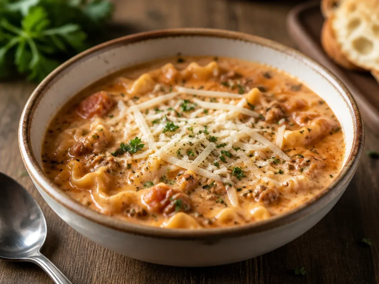 Slow cooker filled with comforting creamy lasagna soup, lid propped open