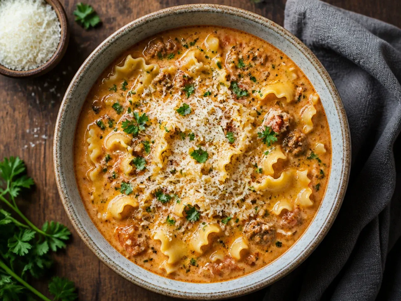 Budget-friendly creamy turkey lasagna soup with basic pantry ingredients beside the pot