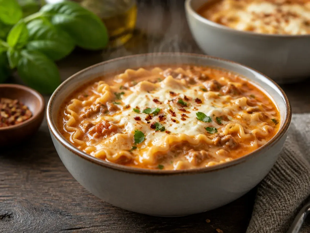 Instant Pot open to reveal finished creamy lasagna soup with melted cheese on top