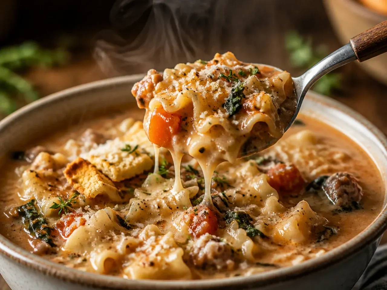 Rustic creamy lasagna soup with visible diced carrots, celery, and wilted spinach