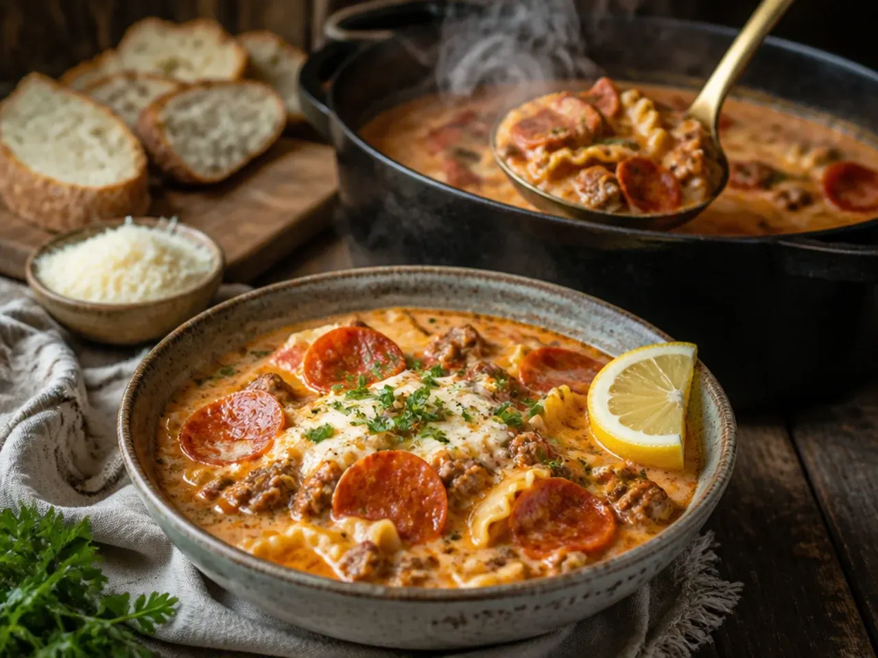 Loaded pepperoni creamy lasagna soup topped with crisped pepperoni slices