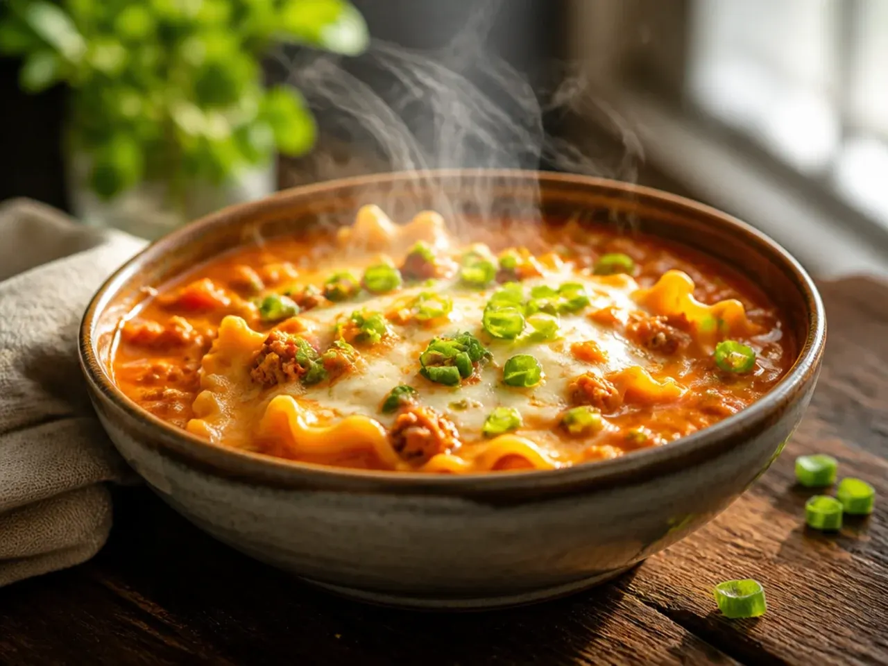 Large stockpot of family-size creamy lasagna soup with a ladle resting inside