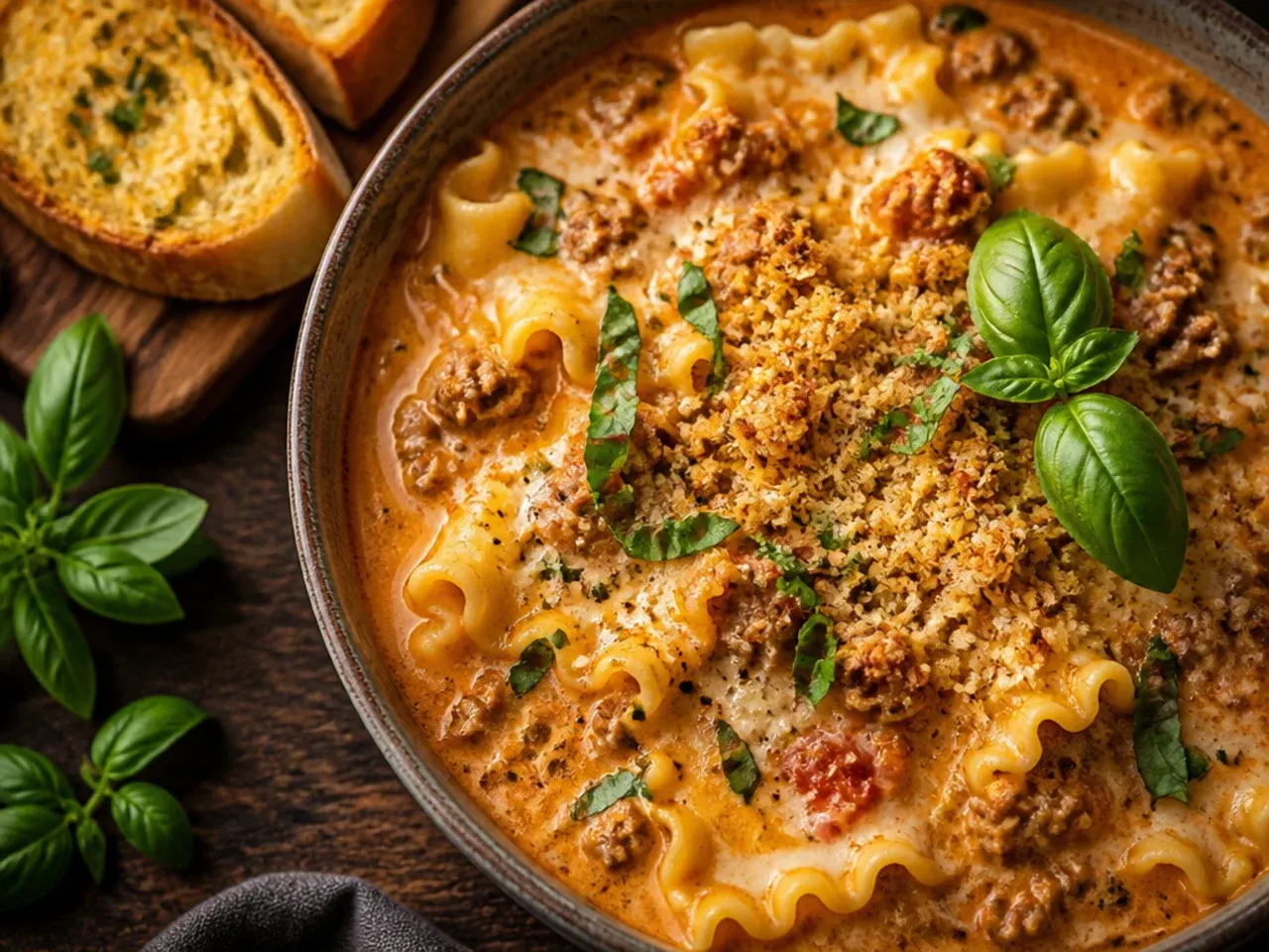 Best-ever garlic butter creamy lasagna soup with a glossy, rich broth