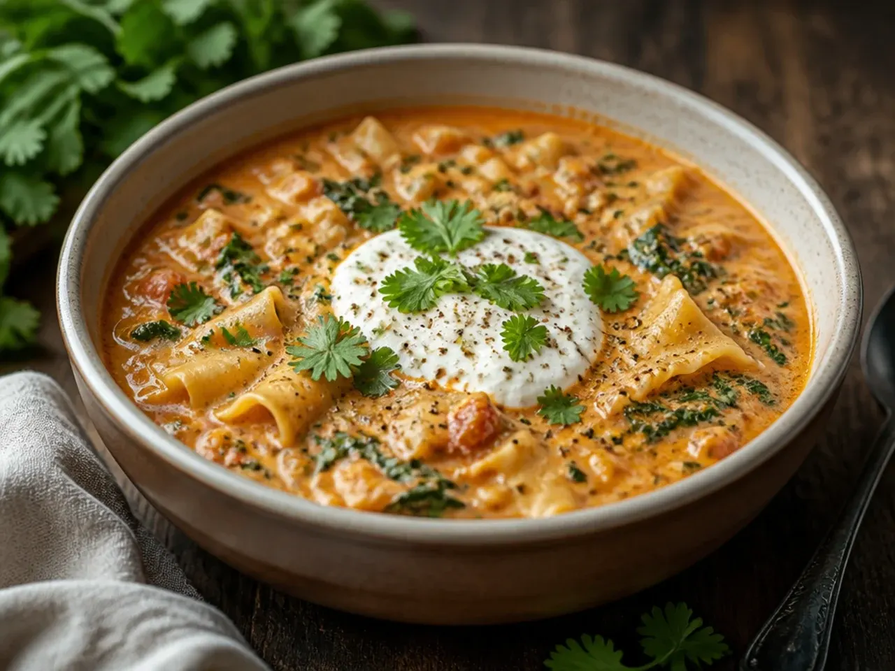 One-pot spinach and ricotta creamy lasagna soup in a Dutch oven