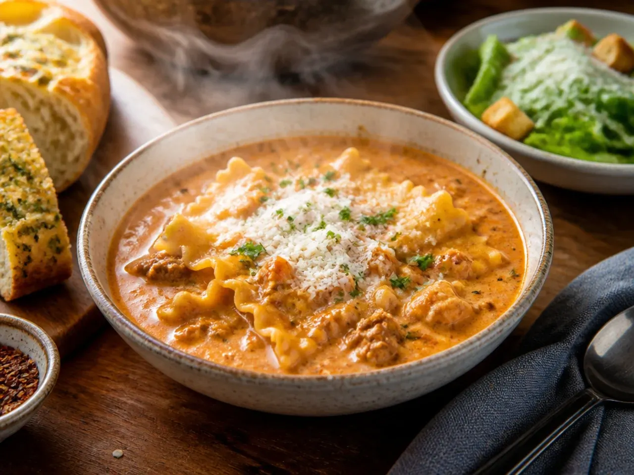 Bowl of creamy lasagna soup served with garlic bread and a green salad