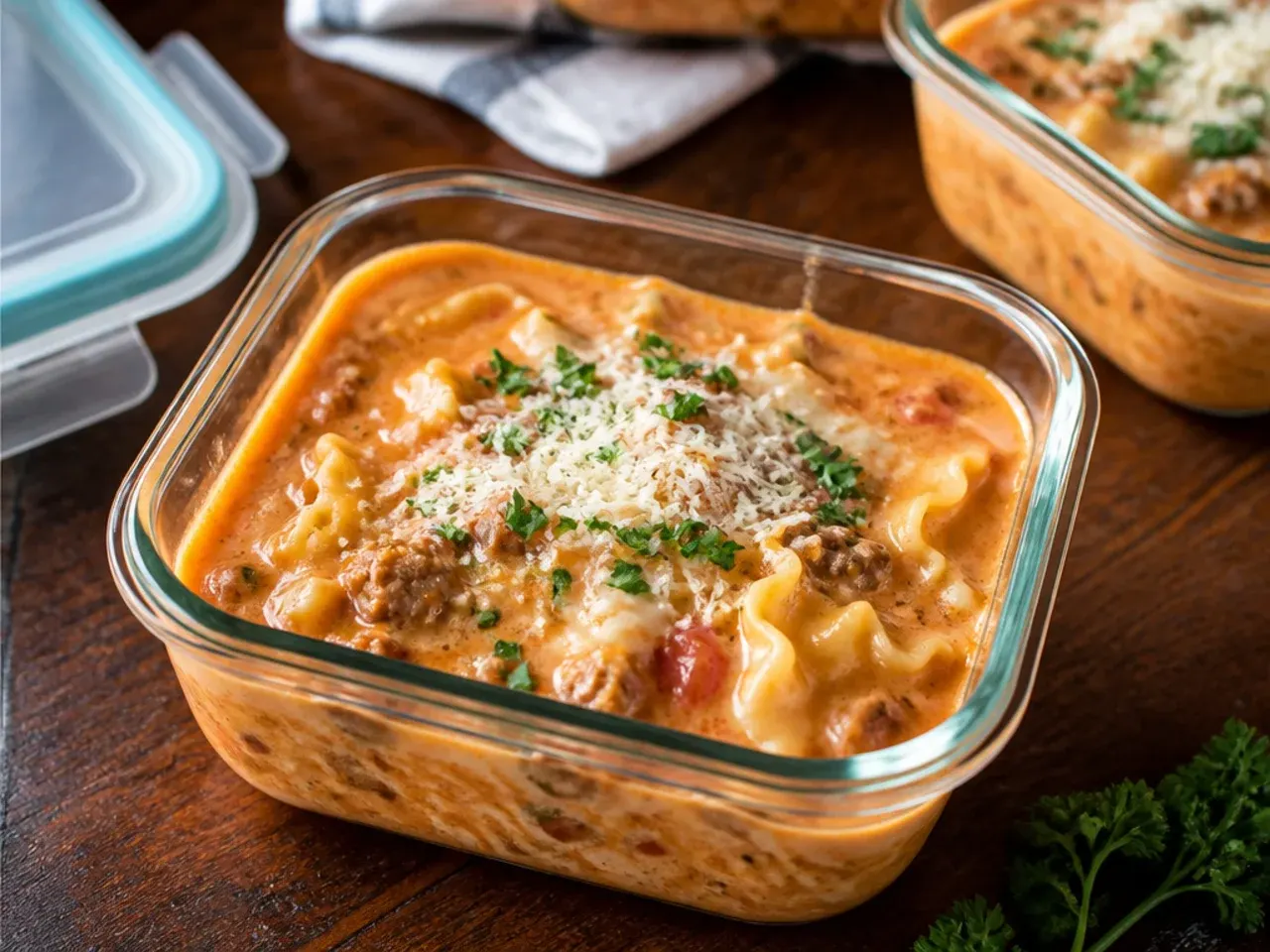Glass container of leftover creamy lasagna soup being reheated in a saucepan