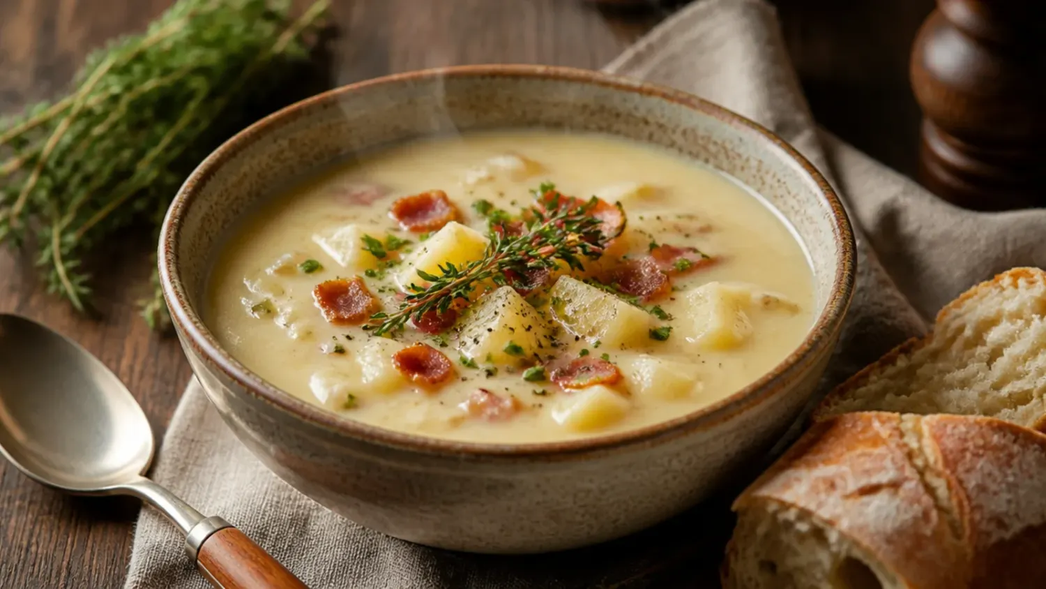 Overhead shot of a bowl of creamy potato soup topped with crispy bacon, grated cheddar cheese, and chopped chives