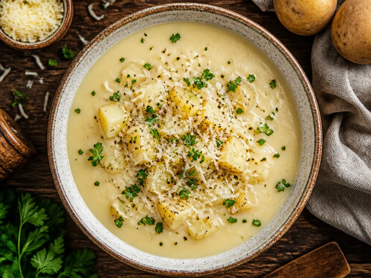 Creamy potato soup portioned into glass storage containers ready for the fridge or freezer