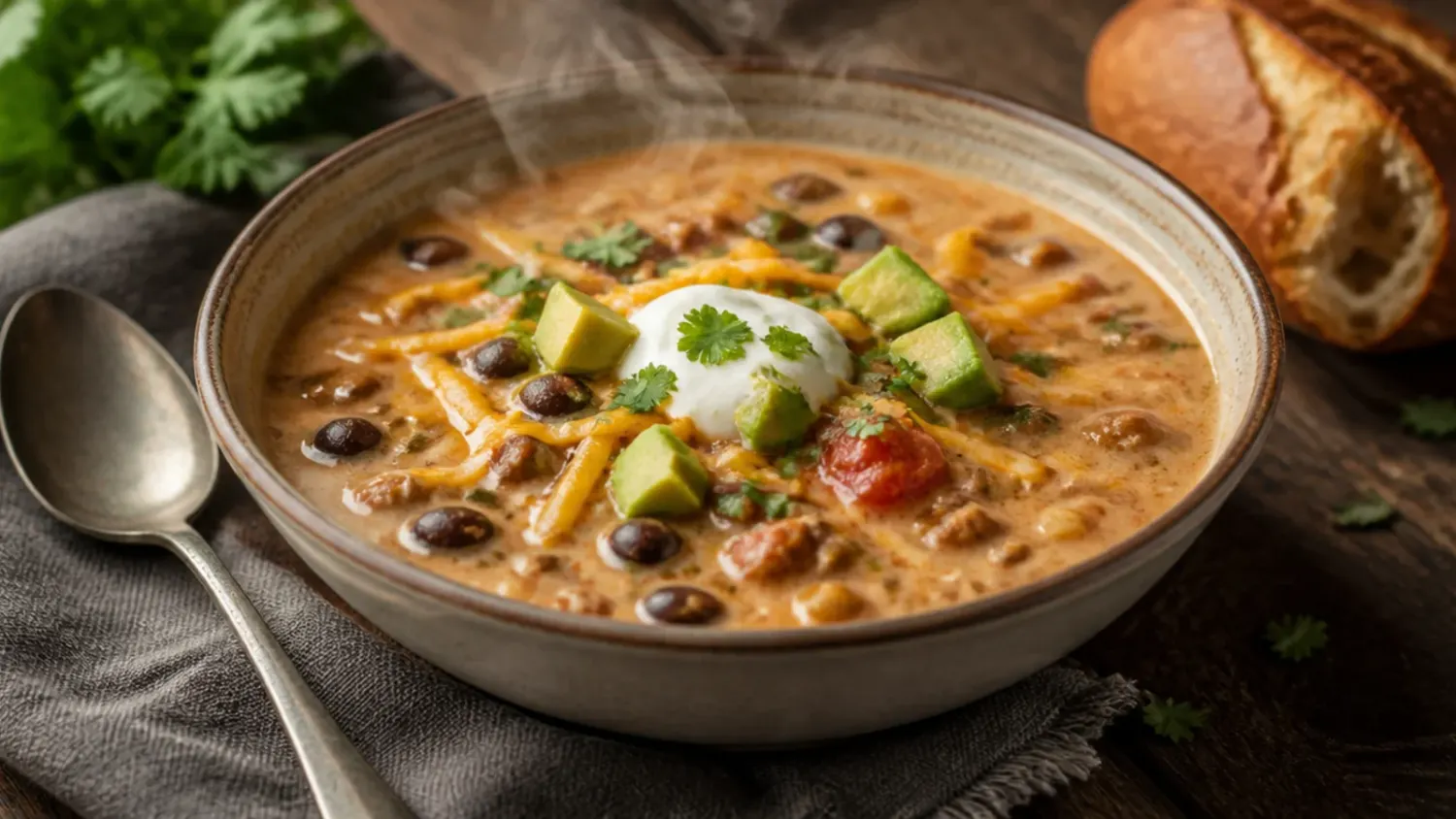 A steaming bowl of creamy taco soup topped with sour cream, avocado, shredded cheddar, and crushed tortilla chips