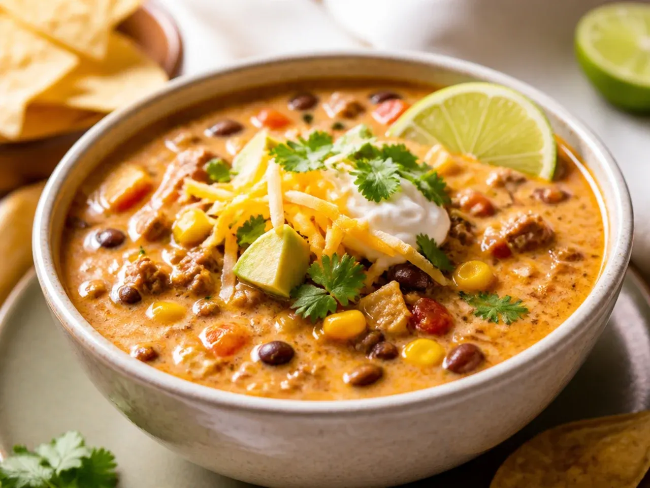 Overhead shot of a pot of creamy taco soup surrounded by fresh toppings ready for serving