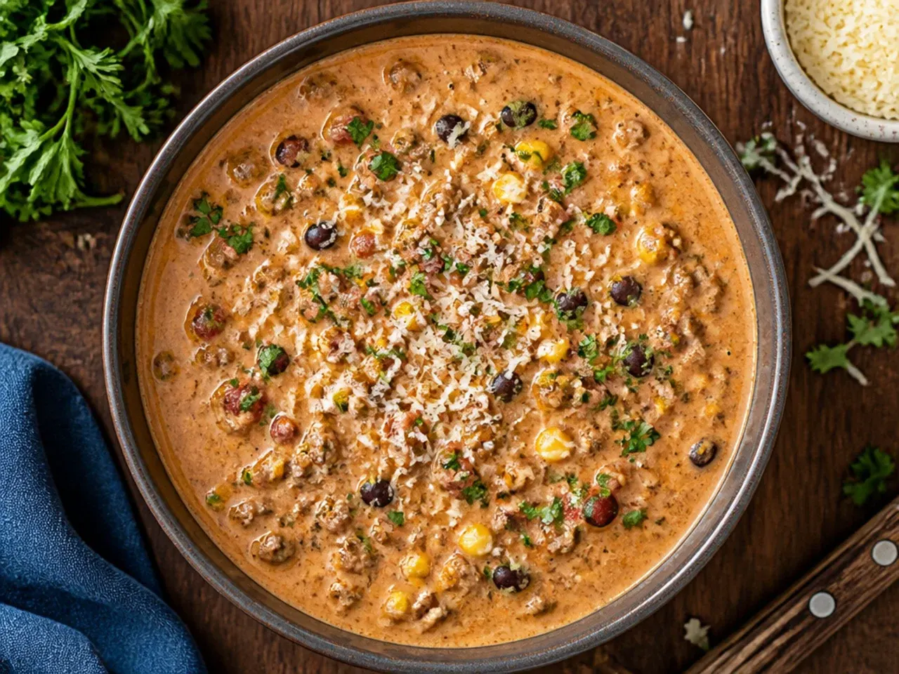 A pot of classic ground beef creamy taco soup simmering with beans and tomatoes
