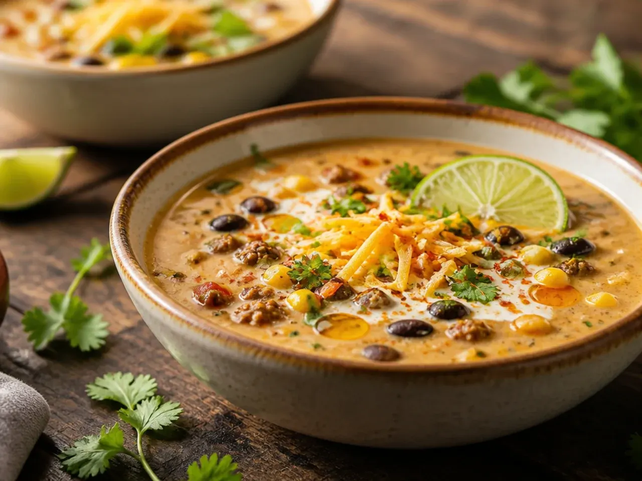 A quick bowl of easy 20-minute creamy taco soup with a spoon resting in it
