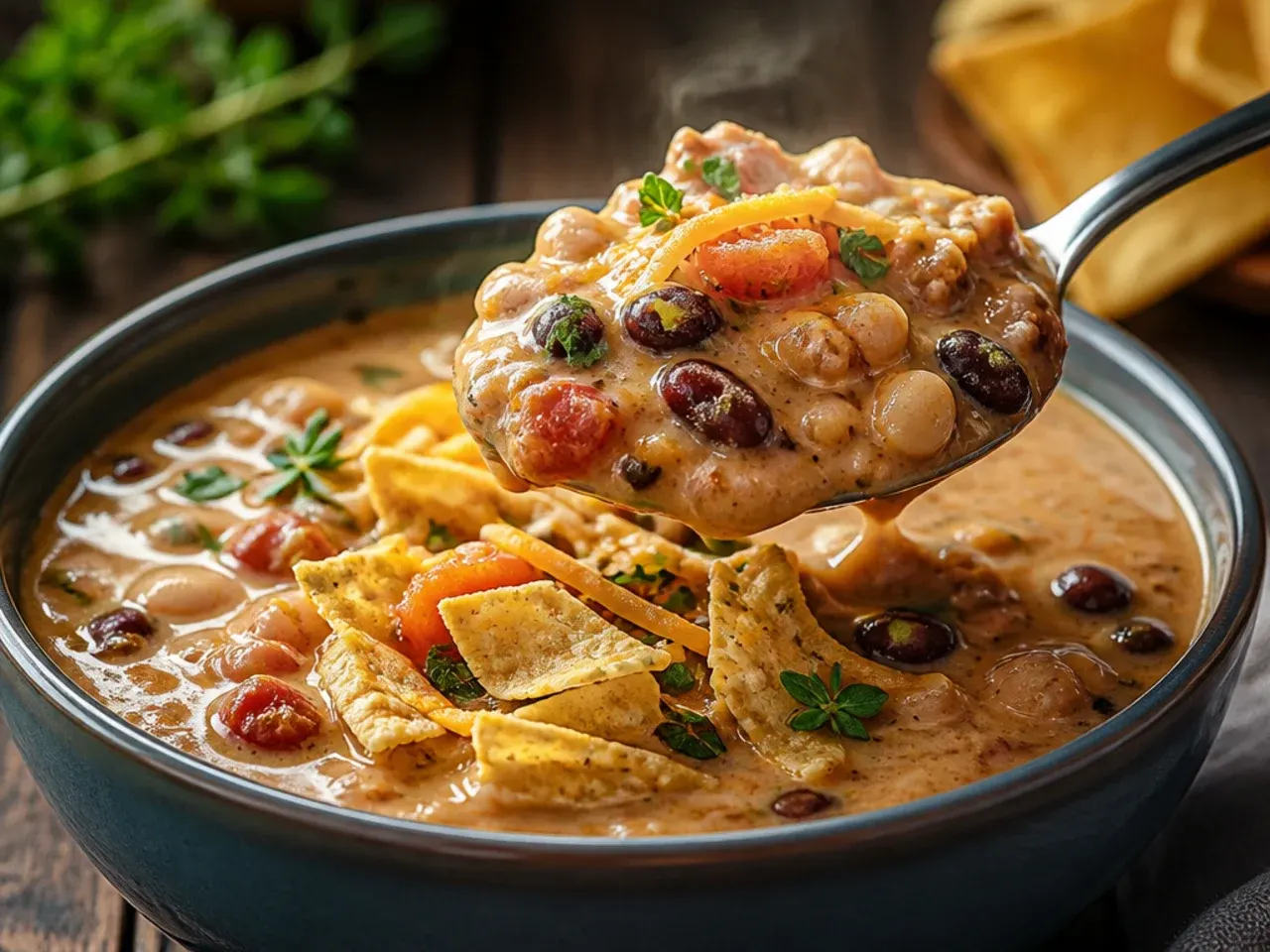 Close-up of hearty three-bean creamy taco soup showing black, pinto, and kidney beans