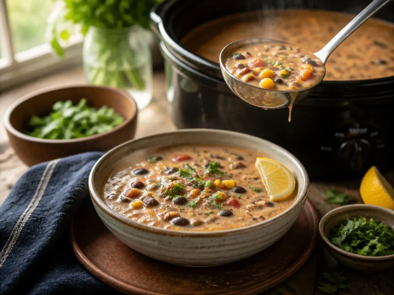 A slow cooker filled with cozy creamy taco soup ready to be stirred