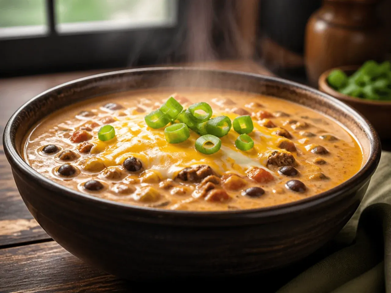 A ladle lifting extra-creamy, thick taco soup from the pot