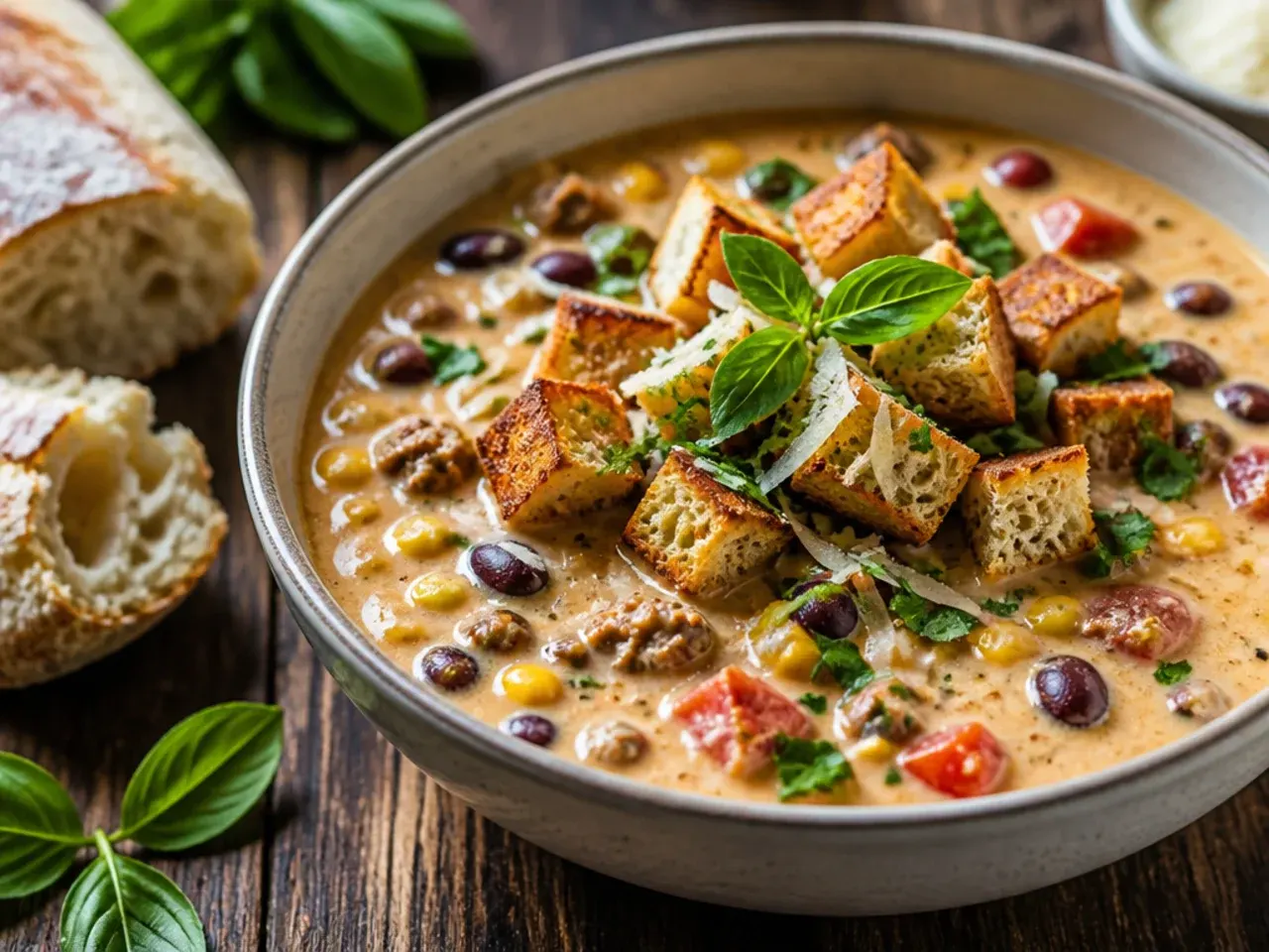 A simple five-ingredient creamy taco soup in a white bowl on a wooden table