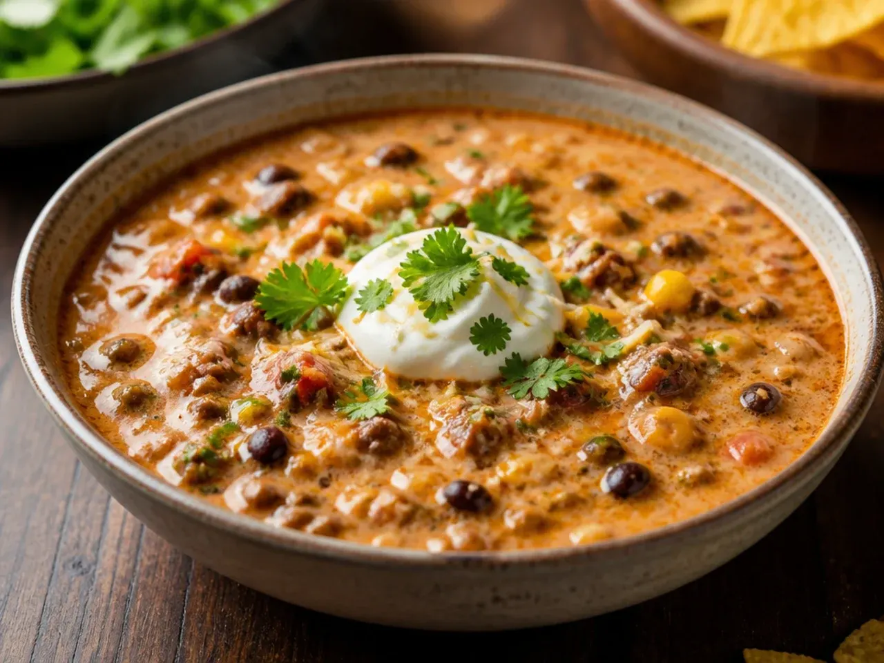A bubbling, golden cheese-topped bowl of baked taco soup fresh from the grill