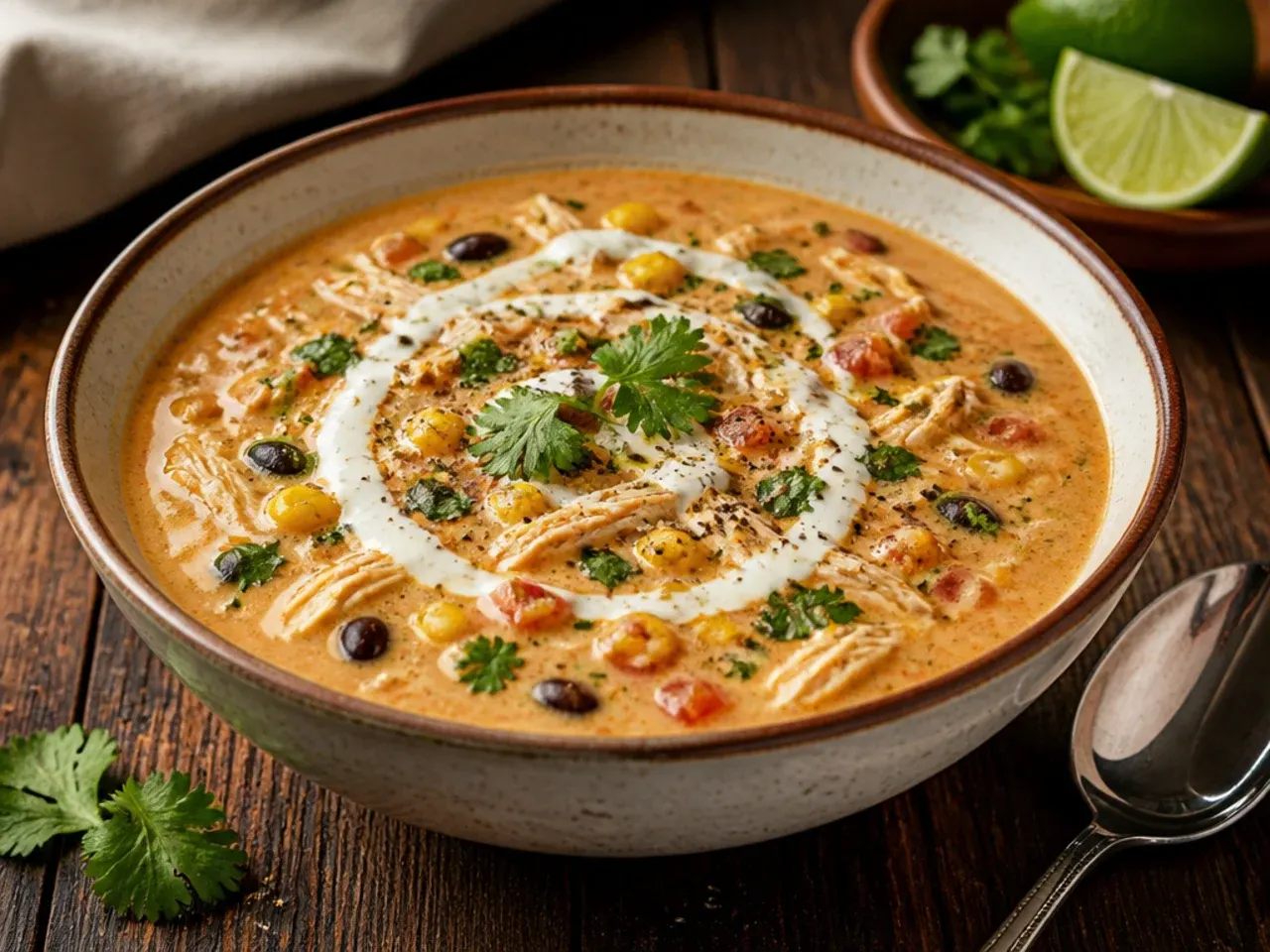 A comforting bowl of creamy chicken taco soup with shredded chicken visible