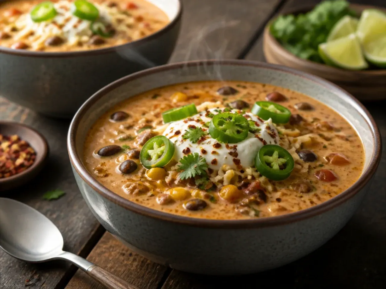 An Instant Pot open to reveal freshly pressure-cooked creamy taco soup